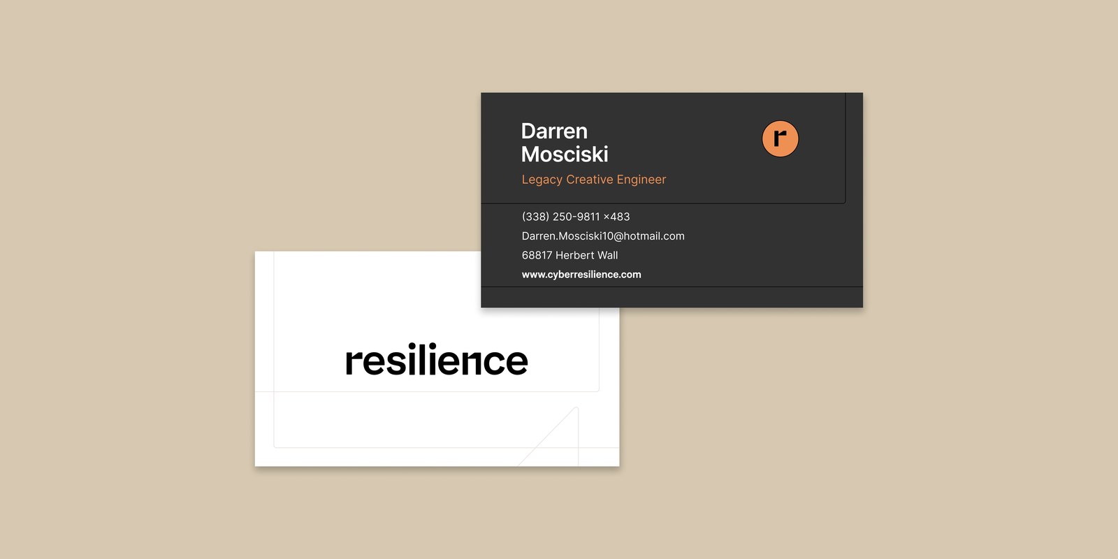 Resilience business card showing the logo, orange mark, and brand typography