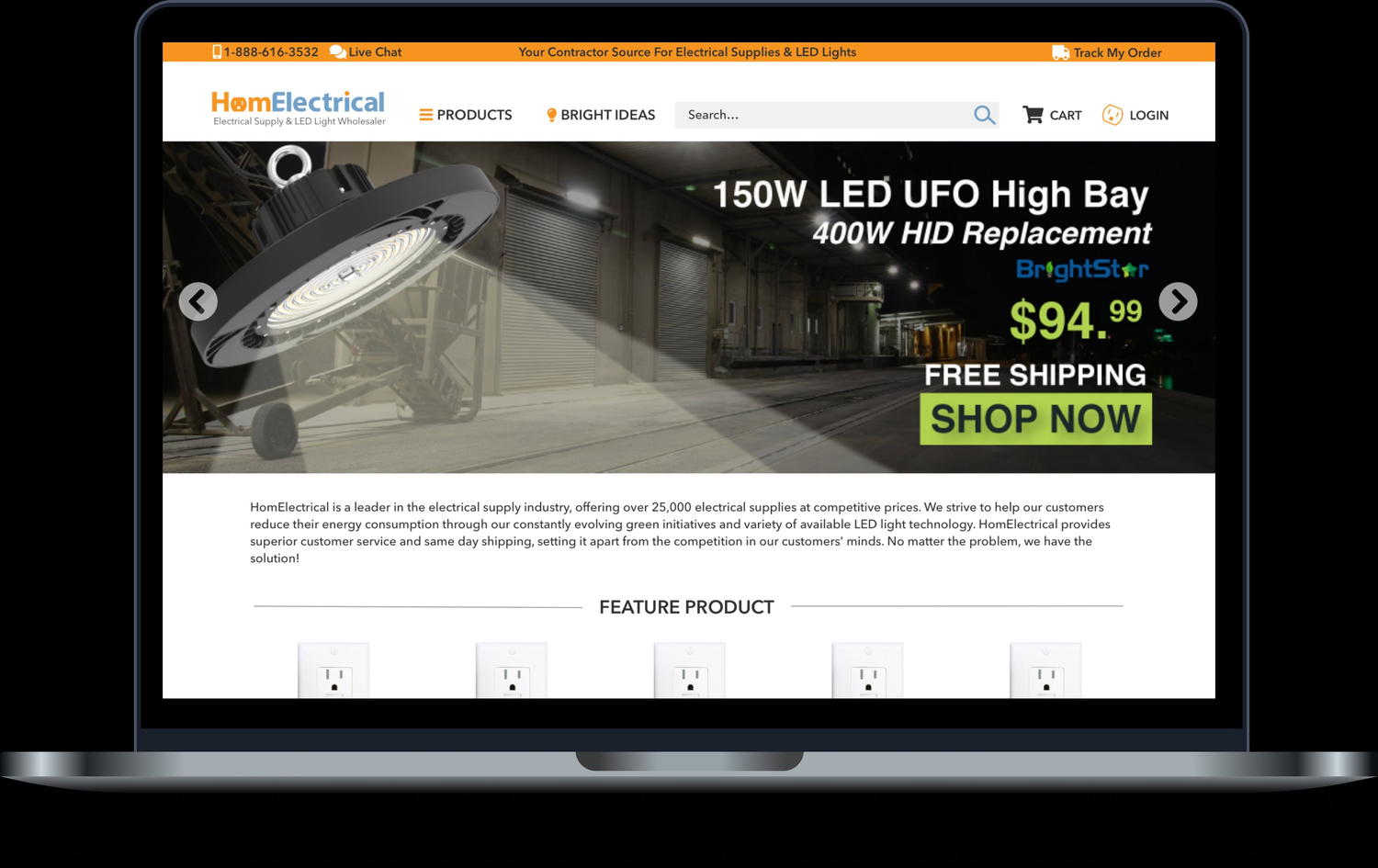 The redesigned HomElectrical homepage shown on a laptop