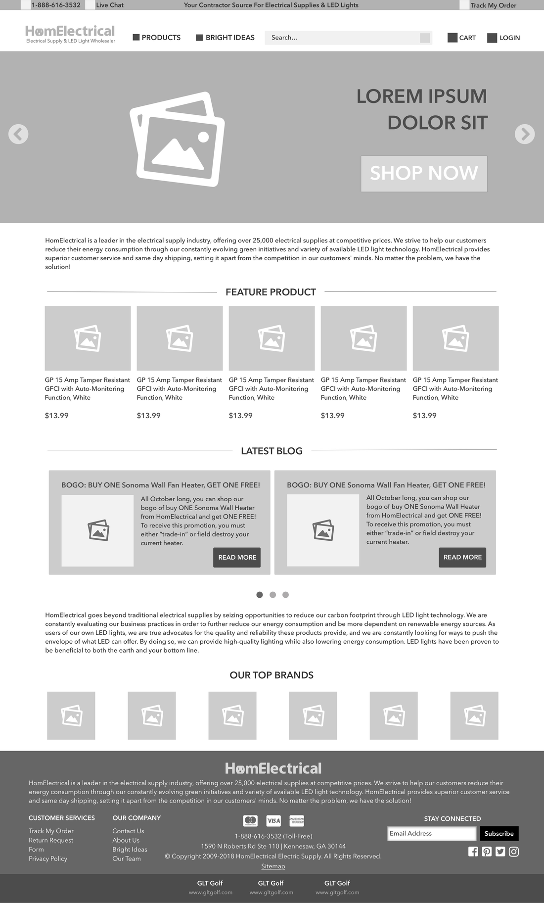 HomElectrical homepage wireframe